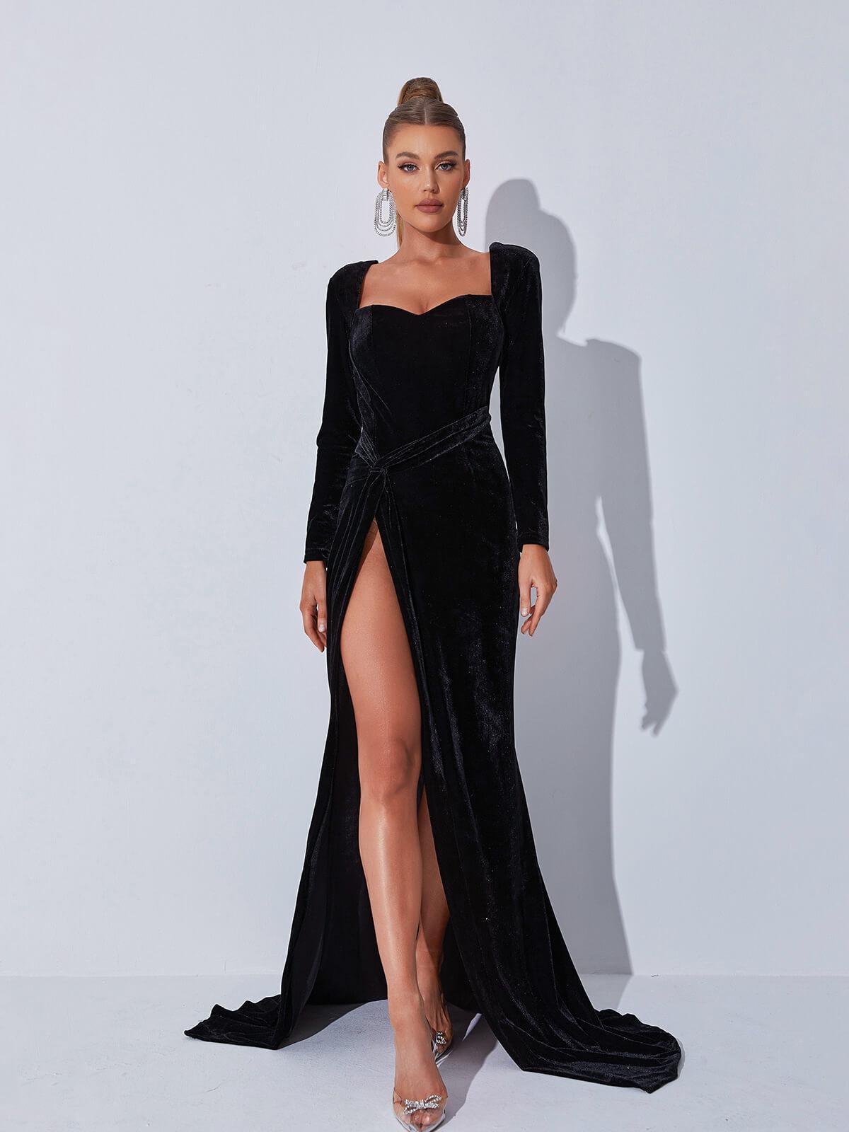 Long Sleeve Gloves Velvet Maxi Dress In Black