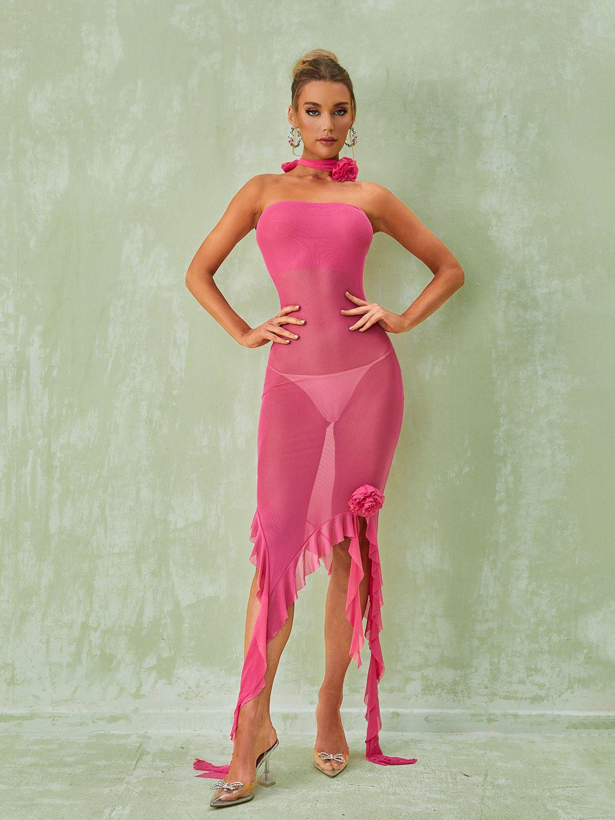 Strapless Sheer Mesh Rosette Ruffle Hem Bodycon Maxi Dress