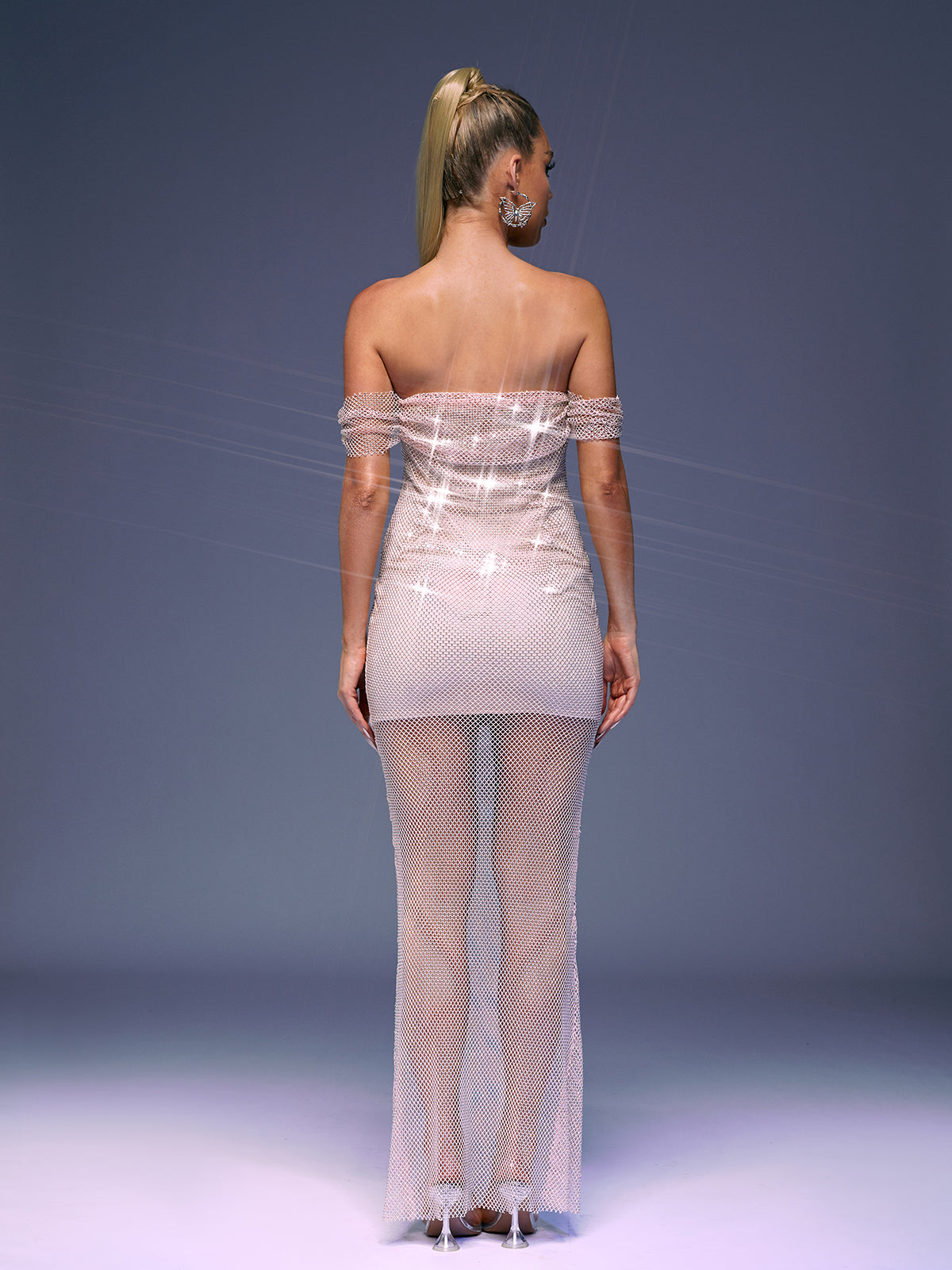 Off-Shoulder Rhinestone Fishnet Mesh Sheer Bodycon Maxi Dress