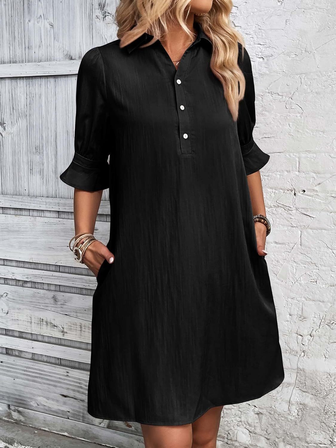 Collared Half Button Roll Sleeve Pocket Shift Mini Dress