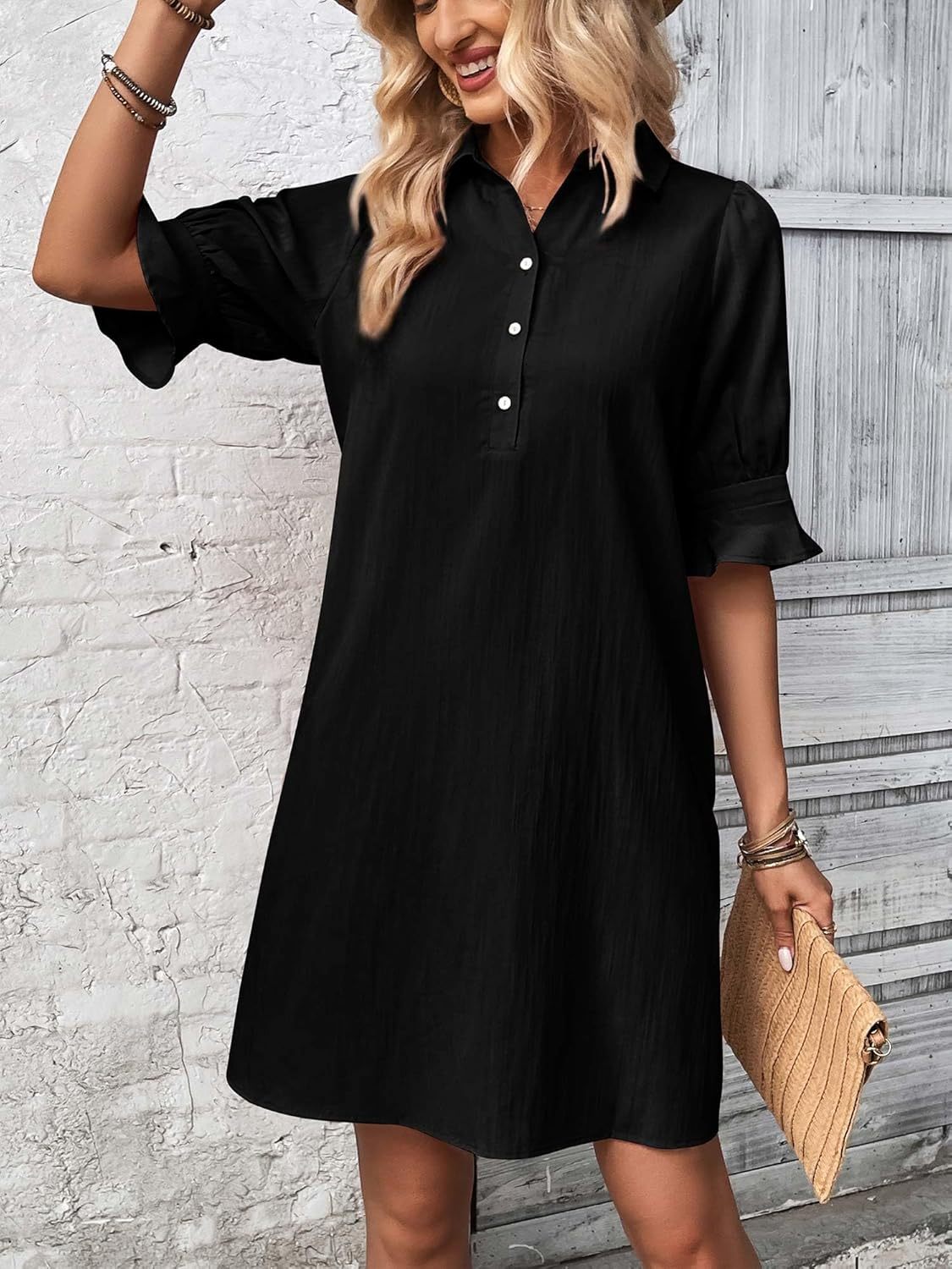 Collared Half Button Roll Sleeve Pocket Shift Mini Dress 7