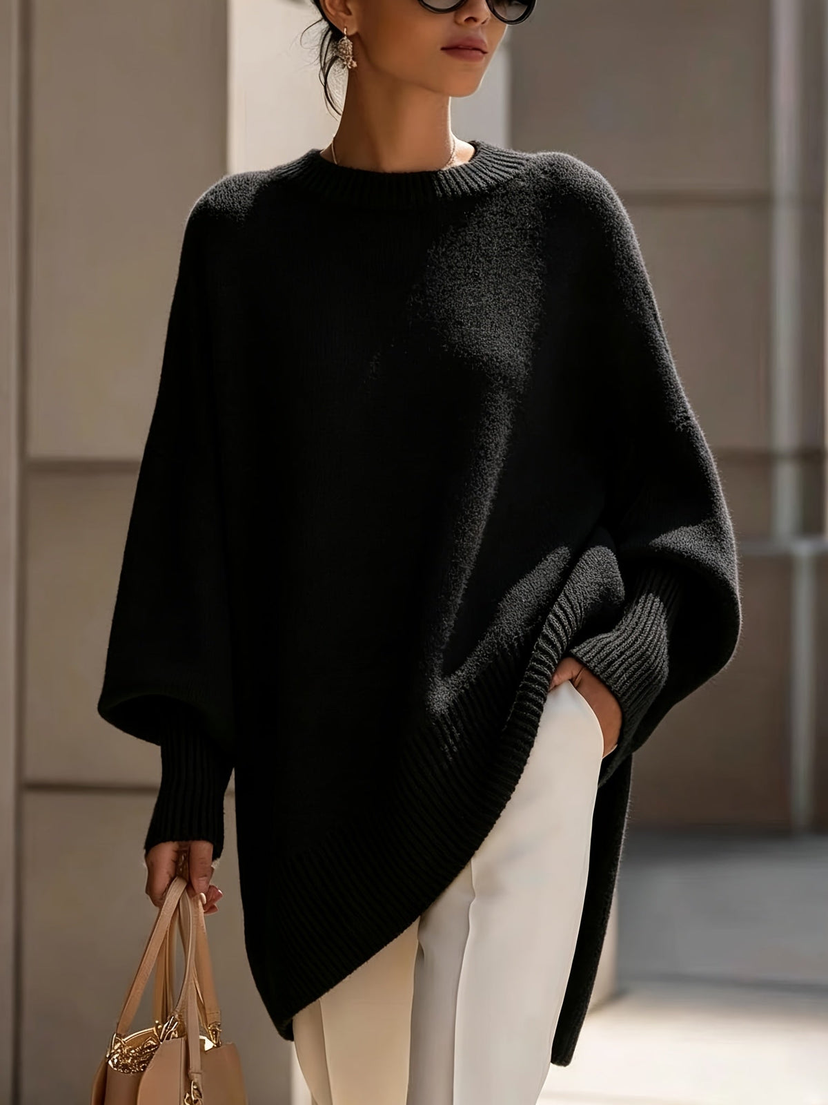 Mock Neck Drop Shoulder Asymmetric Hem Oversized Knit Sweater 5