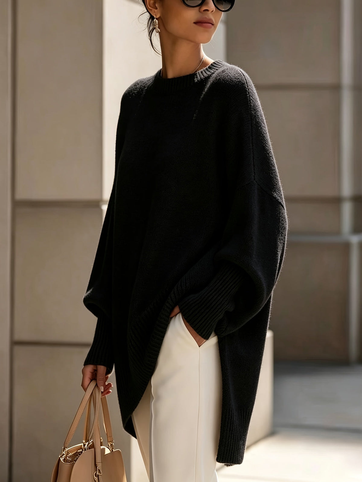 Mock Neck Drop Shoulder Asymmetric Hem Oversized Knit Sweater 4