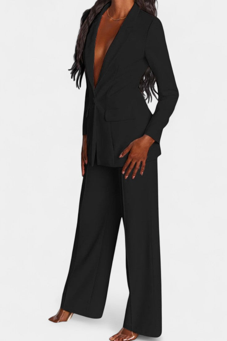 Peak Lapel Single Button Blazer and Wide-Leg Trouser Set 13