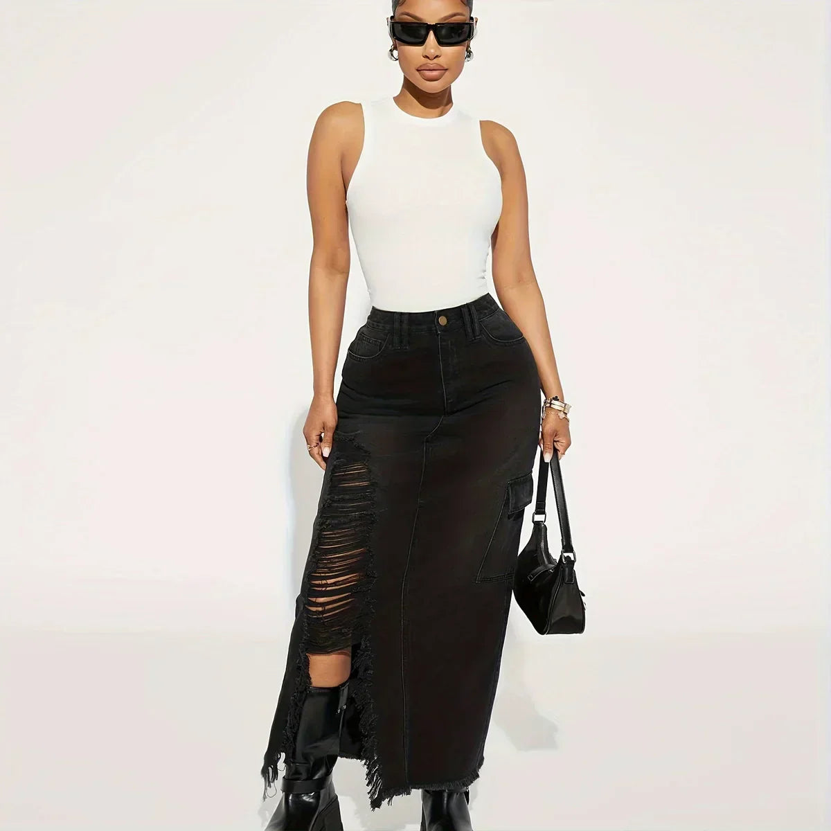 Black Flap Pockets Denim Midi Skirt Raw Hem Distressed Washed Cargo Jean / Xs
