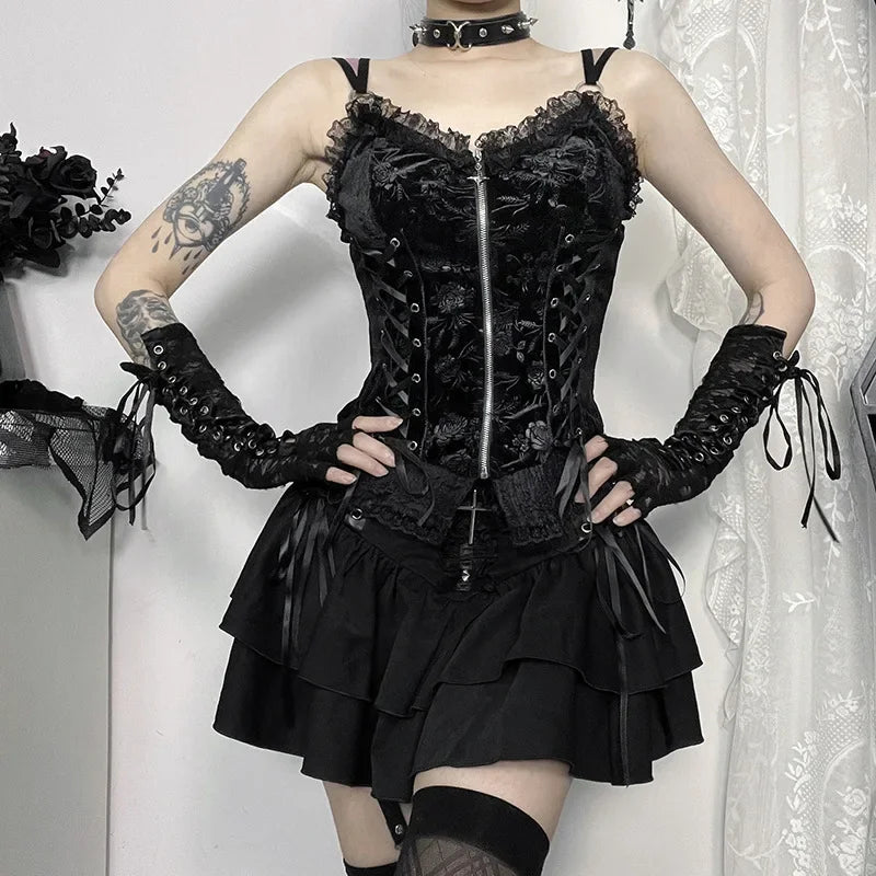 Black Lace Trim Cross Laceup Mini Vintage Sexy ALine Layered Short Women Summer Autumn Skirt