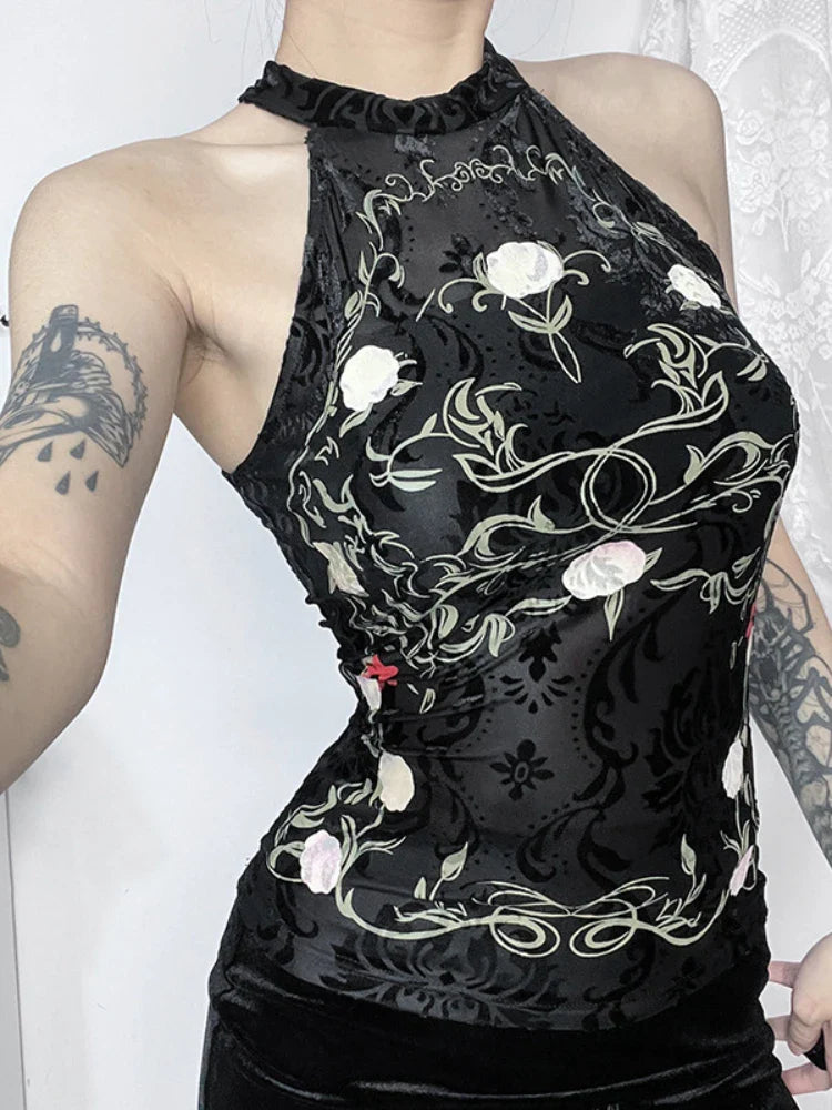 NeoChinese Style Vintage Plant Print Flocking Backless Crop Top