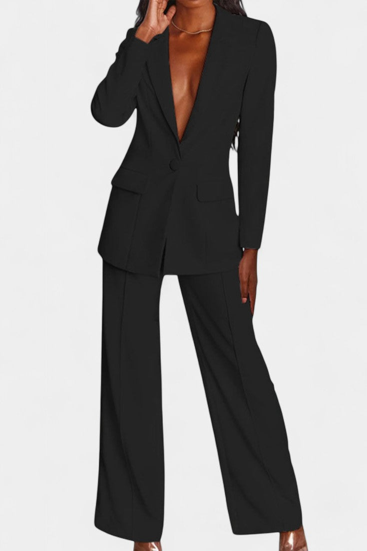 Peak Lapel Single Button Blazer and Wide-Leg Trouser Set 12