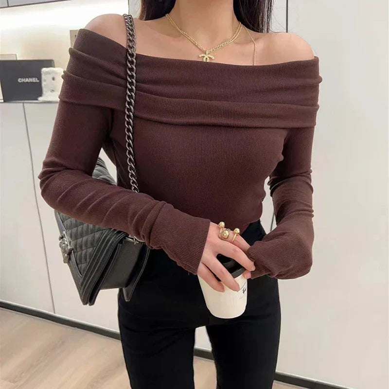 Sexy Slash Neck Pleated Knitted Sweater
