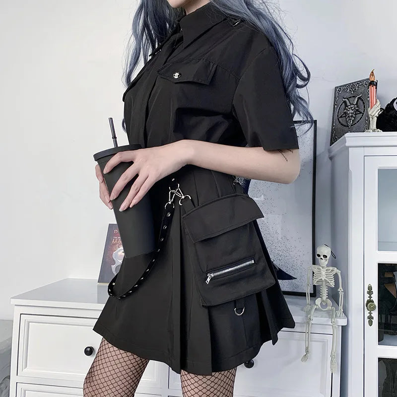Black Functional Irregular Pleated Aline High Waist Tooling Waist Chain Gothic Harajuku Y2k Goth Skirt
