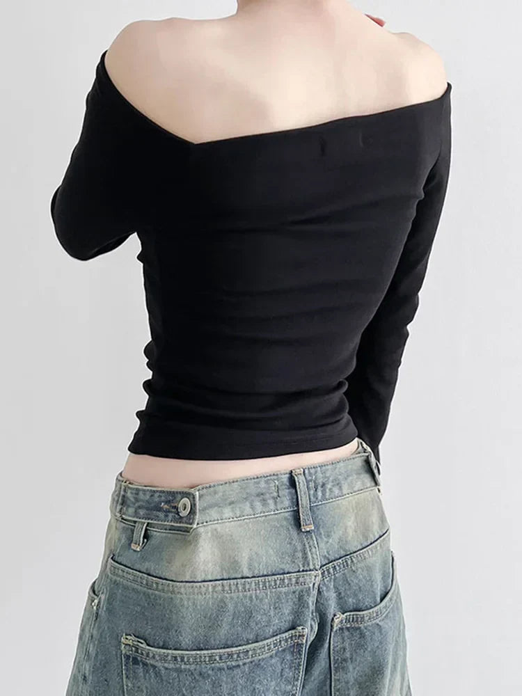 Black Slash Neck Elegant Long Sleeve Slim Knit Top