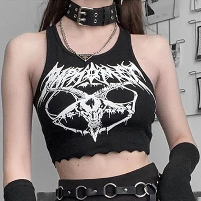 Black Knitted Grunge Punk Goth Goat Head Print Summer Sexy Sleeveless Oneck Crop Top