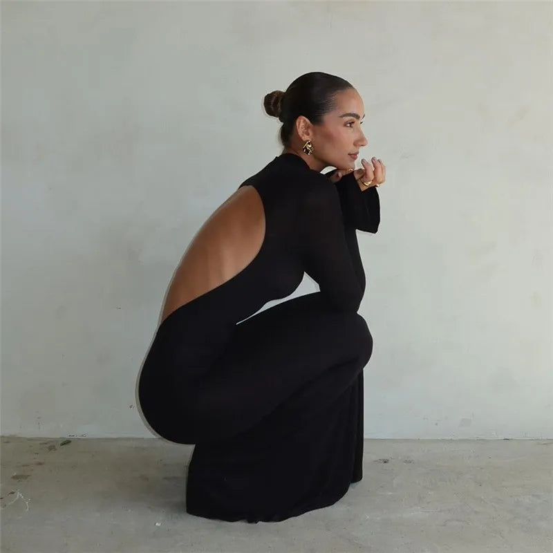 Black TurtleNeck Backless Maxi For Women Elegant Evening Trumpet Sleeves Autumn Bodycon Long Cut Out Dress