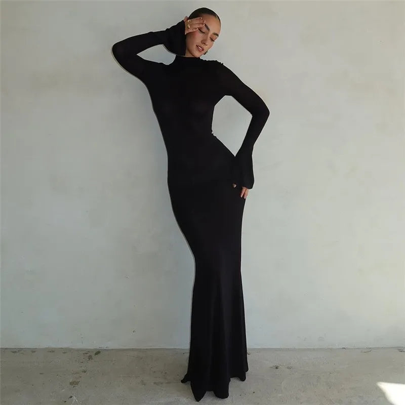 Black TurtleNeck Backless Maxi For Women Elegant Evening Trumpet Sleeves Autumn Bodycon Long Cut Out Dress