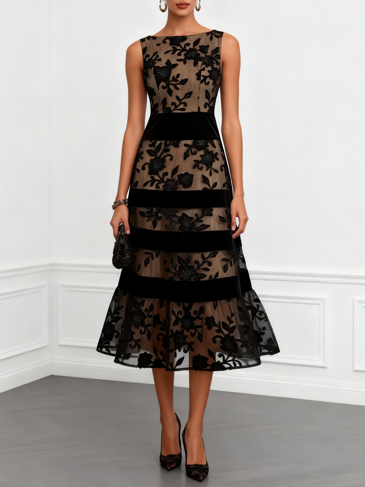 Black Boat Neck Floral Lace Velvet Stripe Tiered A-Line Midi Dress