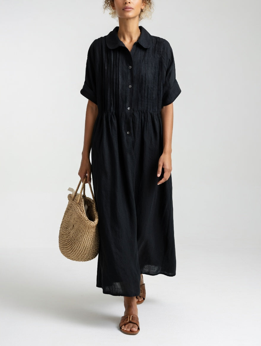 Collared Pintuck Bib Short Sleeve Linen A-Line Maxi Dress 8