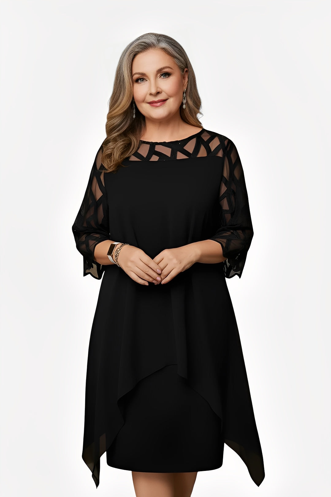 Round Neck Mesh Illusion Three Quarter Sleeve Chiffon Overlay Midi Dress