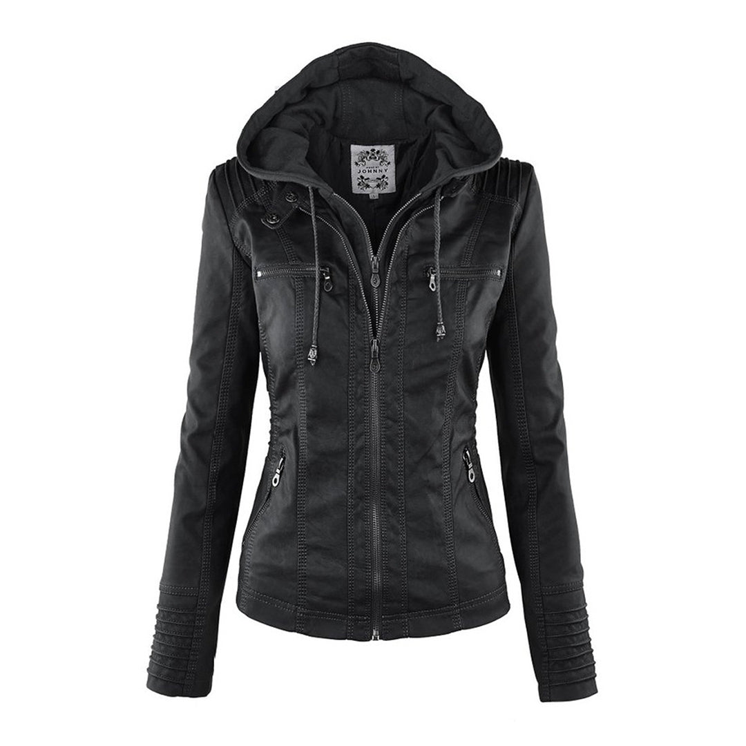Hooded Zip Front Faux Leather Moto Biker Jacket