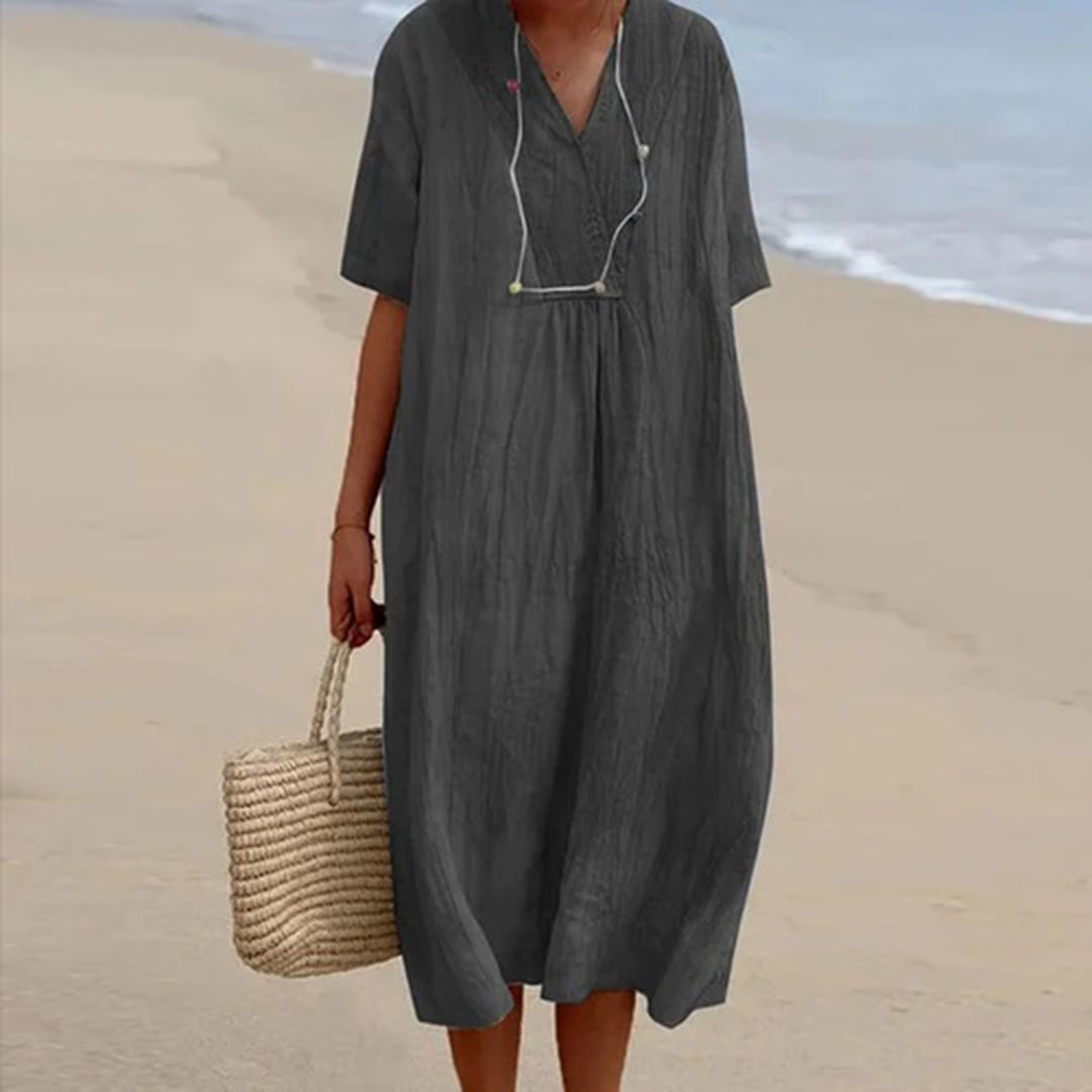 V-Neck Linen Short Sleeve Pleated Loose A-Line Midi Dress
