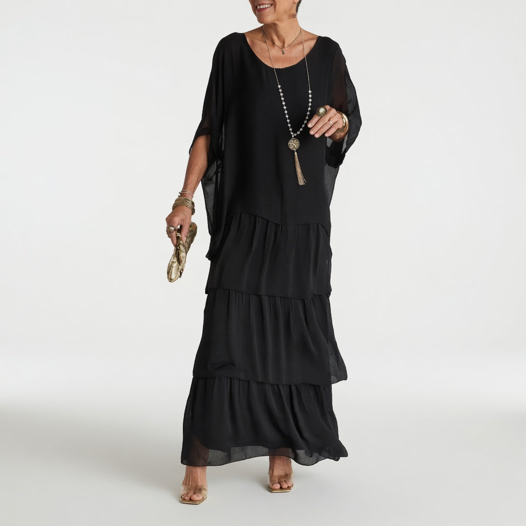 Round Neck Batwing Sleeve Tiered Chiffon Flowy Maxi Dress