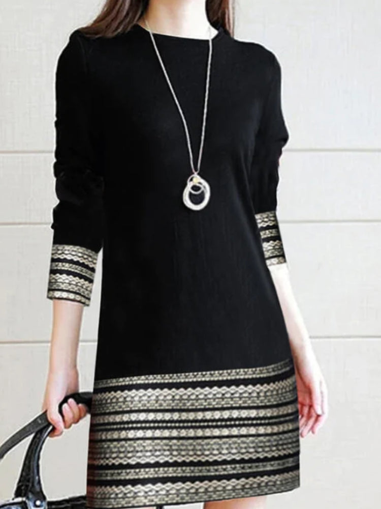 Black and White Aztec Print Trim Long Sleeve Mini Dress