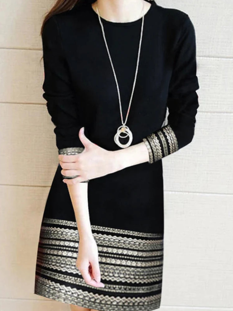 Black and White Aztec Print Trim Long Sleeve Mini Dress