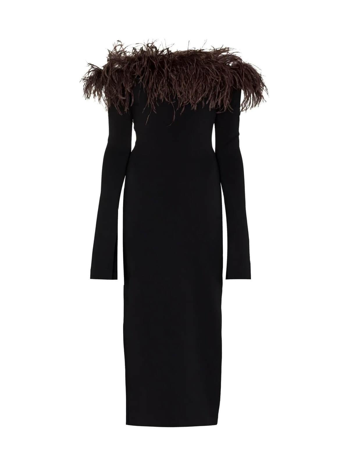 Off-Shoulder Feather Trim Long Sleeve Bodycon Midi Dress
