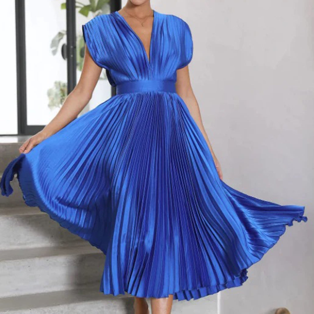 Deep V-Neck Satin Pleated Sleeveless A-Line Midi Dress