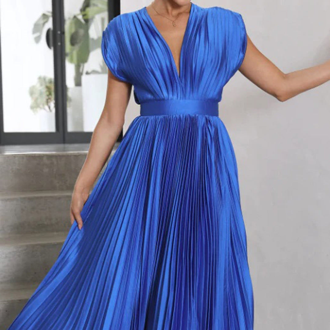 Mertxe Elegant V-neck Pleated Maxi Dress for Women Sophisticated Look