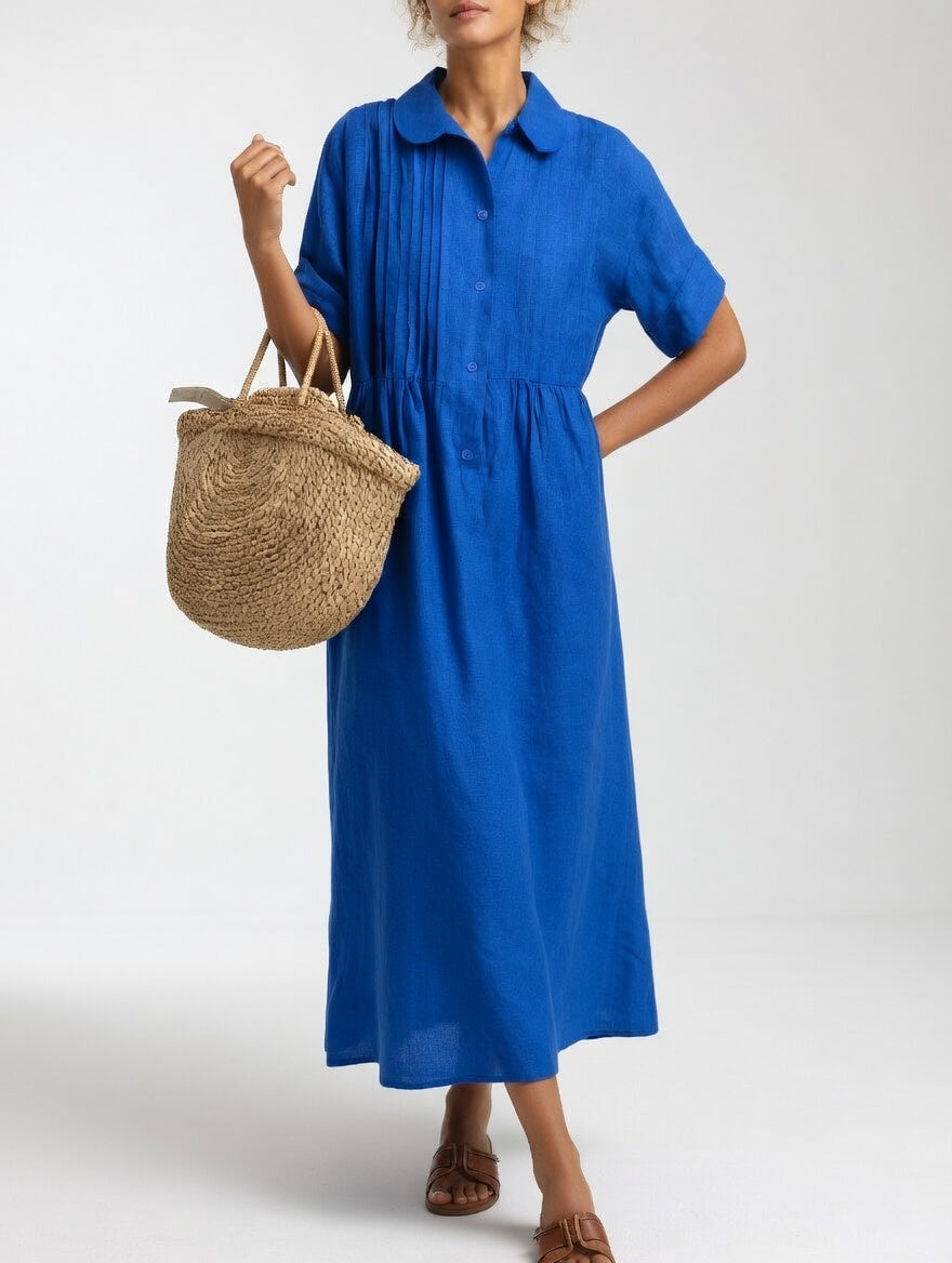 Collared Pintuck Short Sleeve Button Front Flowy Maxi Dress 3