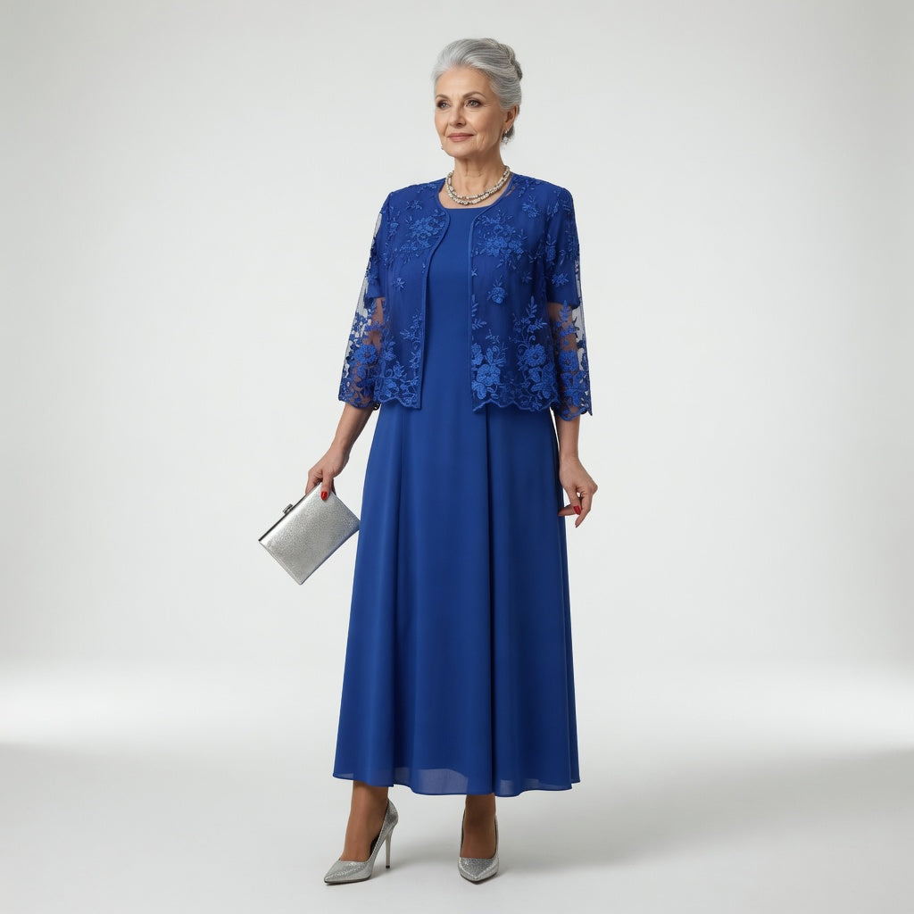 Round Neck Floral Lace Jacket Chiffon Maxi Dress Set