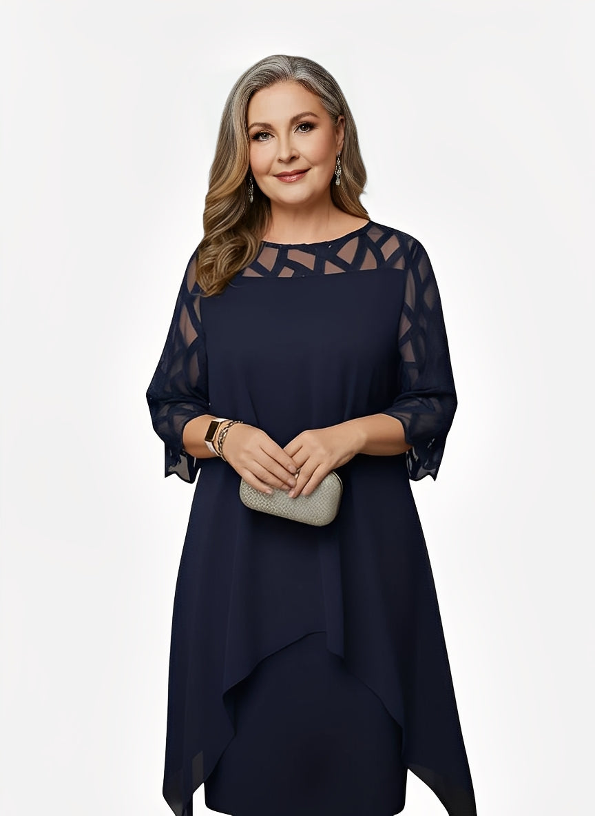 Round Neck Mesh Illusion Three Quarter Sleeve Chiffon Overlay Midi Dress 2