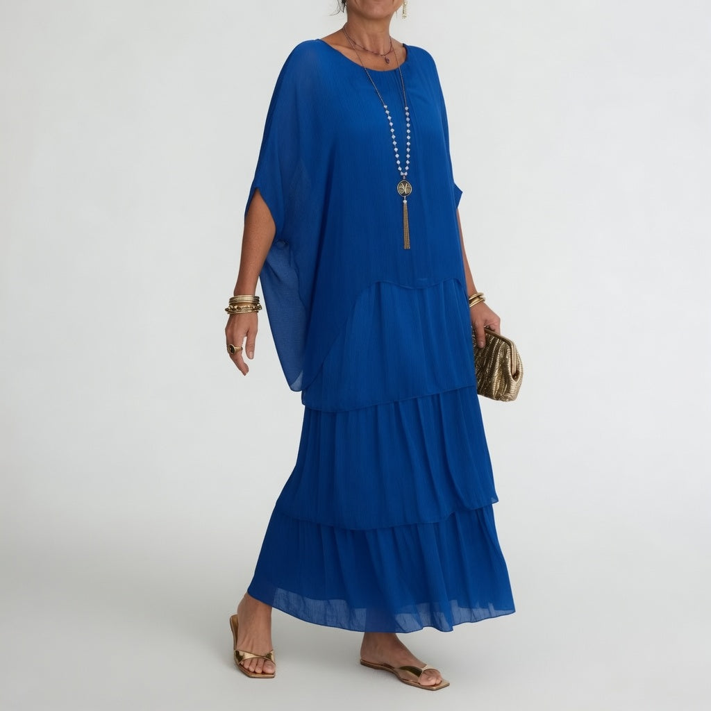 Round Neck Batwing Sleeve Tiered Chiffon Flowy Maxi Dress