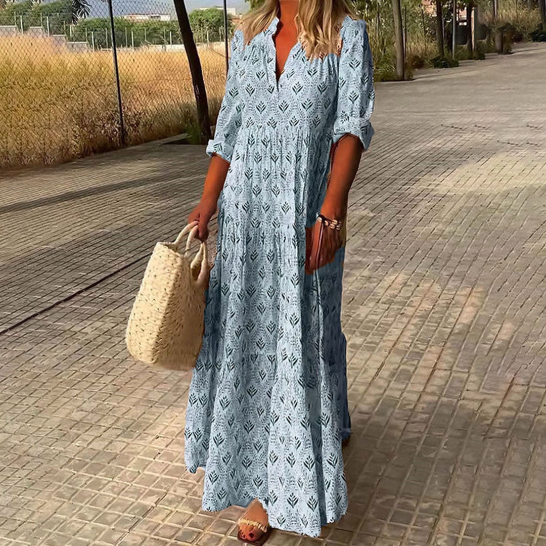 V-Neck Geometric Print Long Sleeve Tiered Flowy Maxi Dress