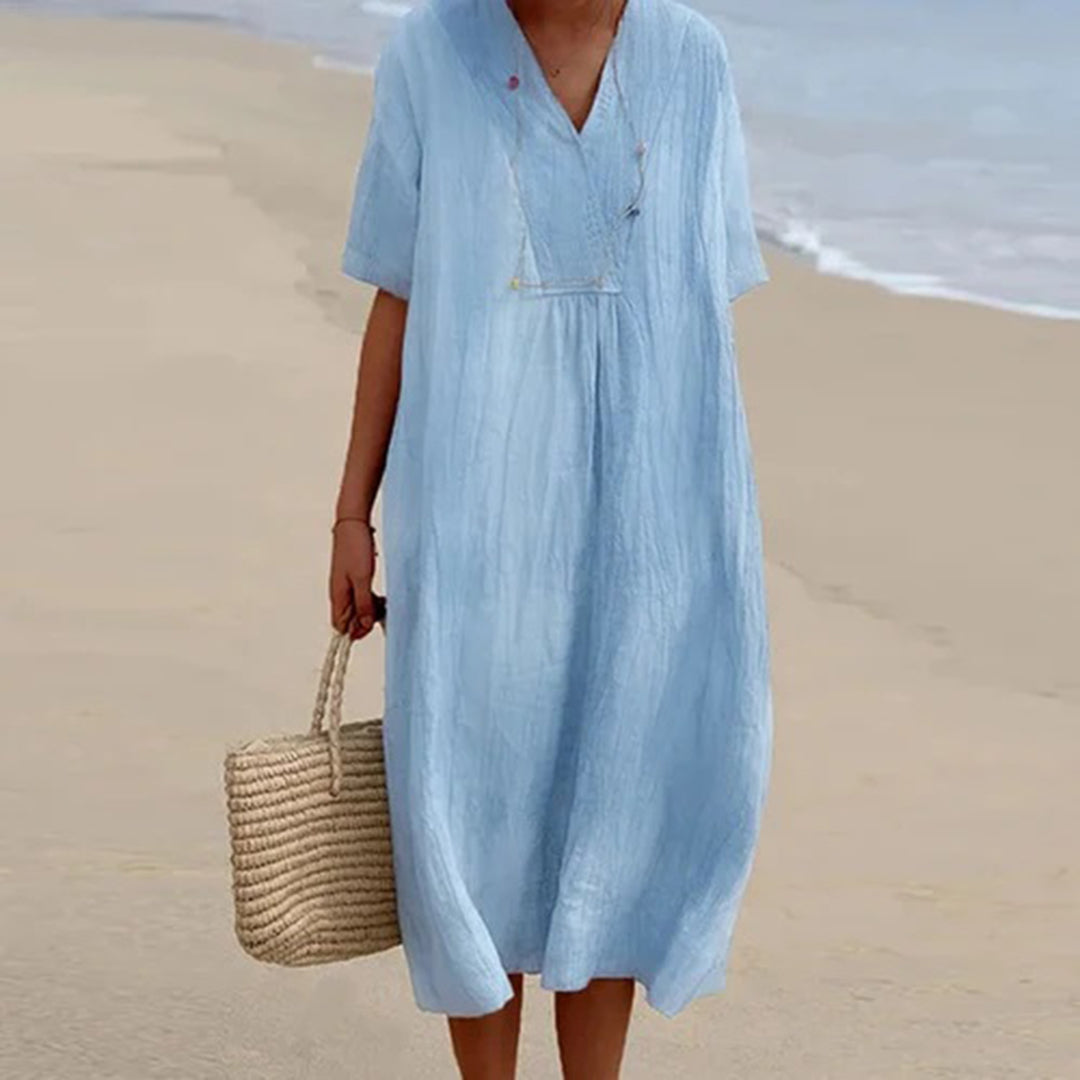 V-Neck Linen Short Sleeve Pleated Loose A-Line Midi Dress