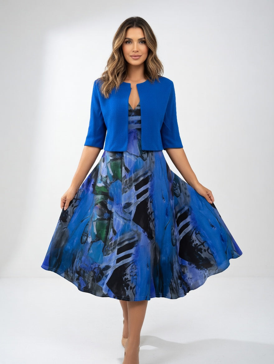 V-Neck Abstract Watercolor Print A-Line Midi Dress