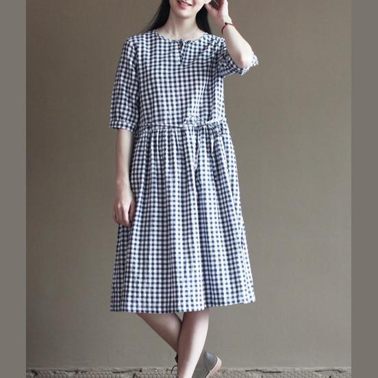 Blue grid cotton sundress half sleeve summer maxi dresses
