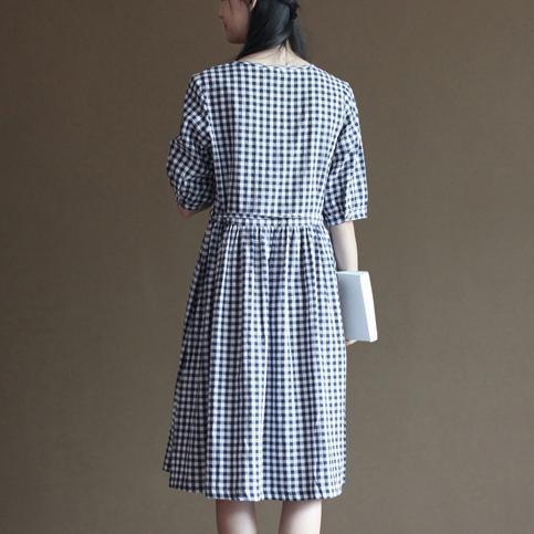 Blue grid cotton sundress half sleeve summer maxi dresses