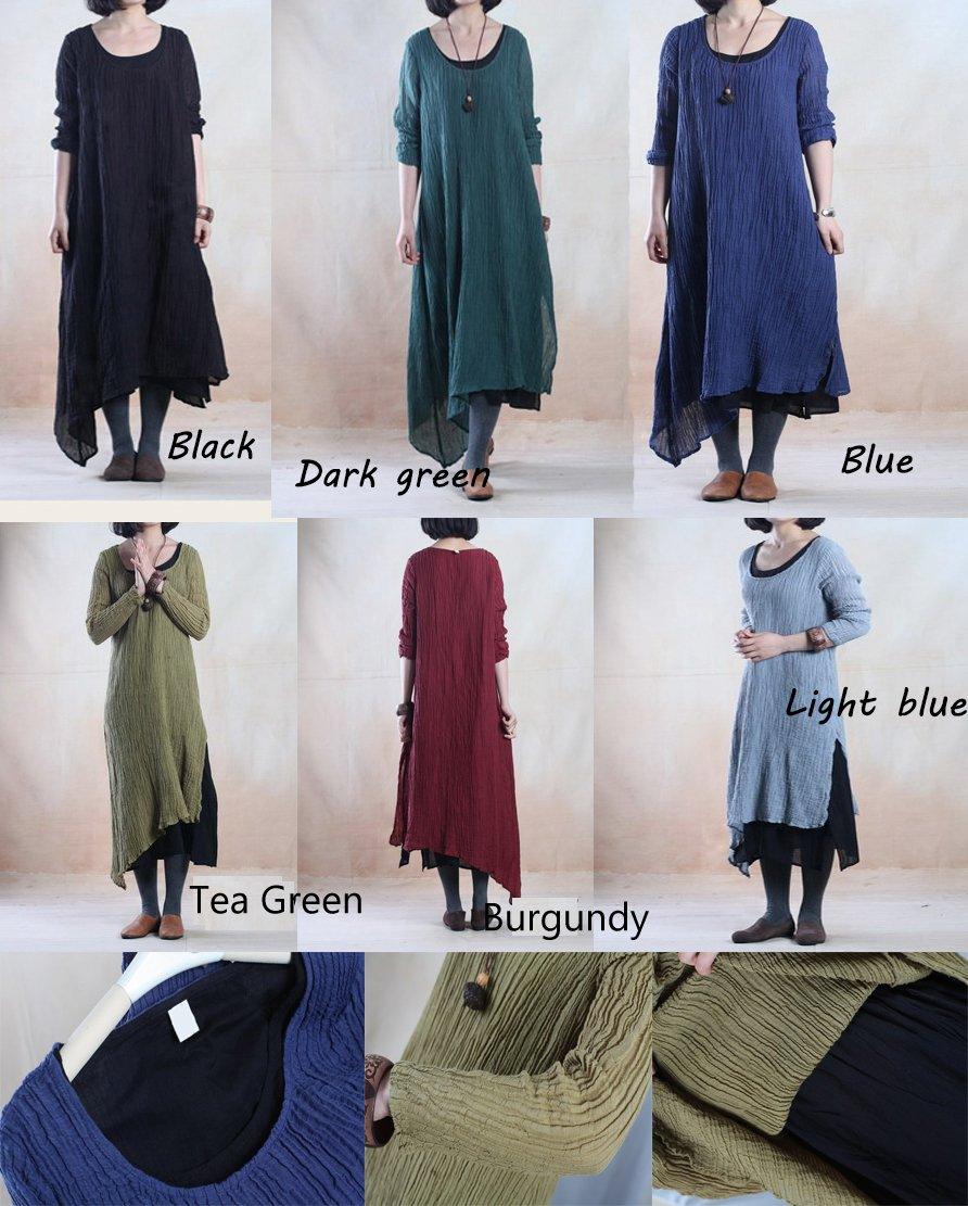 Blue layered pleated long linen dress maxis