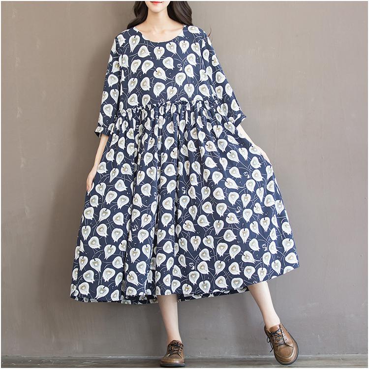 Blue print floral chiffon maxi dress oversize sundress summer half sleeve dress