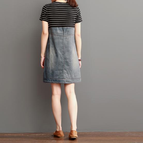 Blue short summer denim dress strip patchwork
