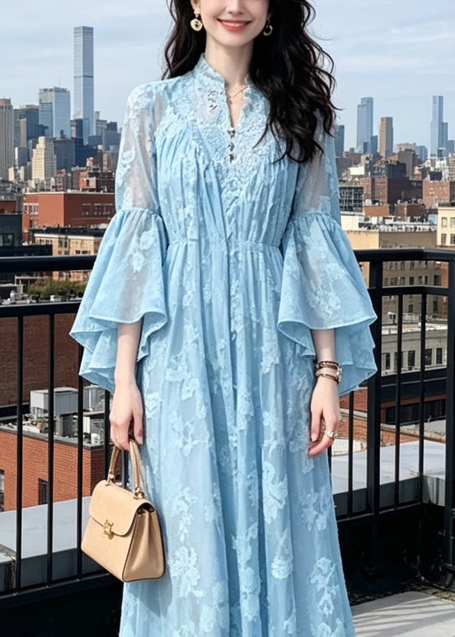 Bohemian Blue Stand Collar Patchwork Long Dresses Flare Sleeve