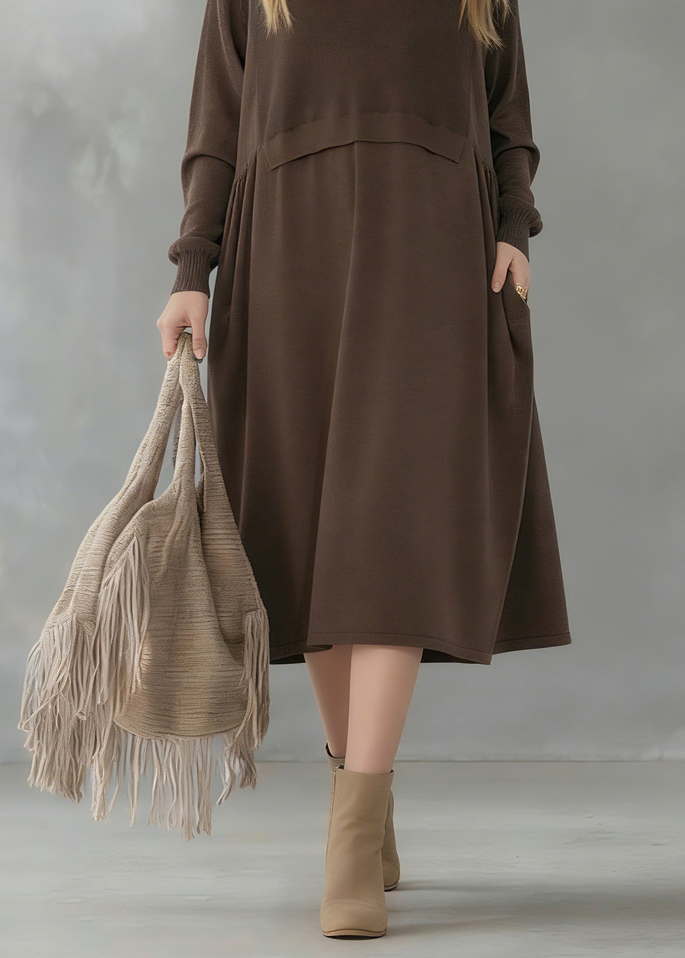 Bohemian Chocolate Turtle Neck Patchwork Solid Wool Knit Sweater Dress Long Sleeve