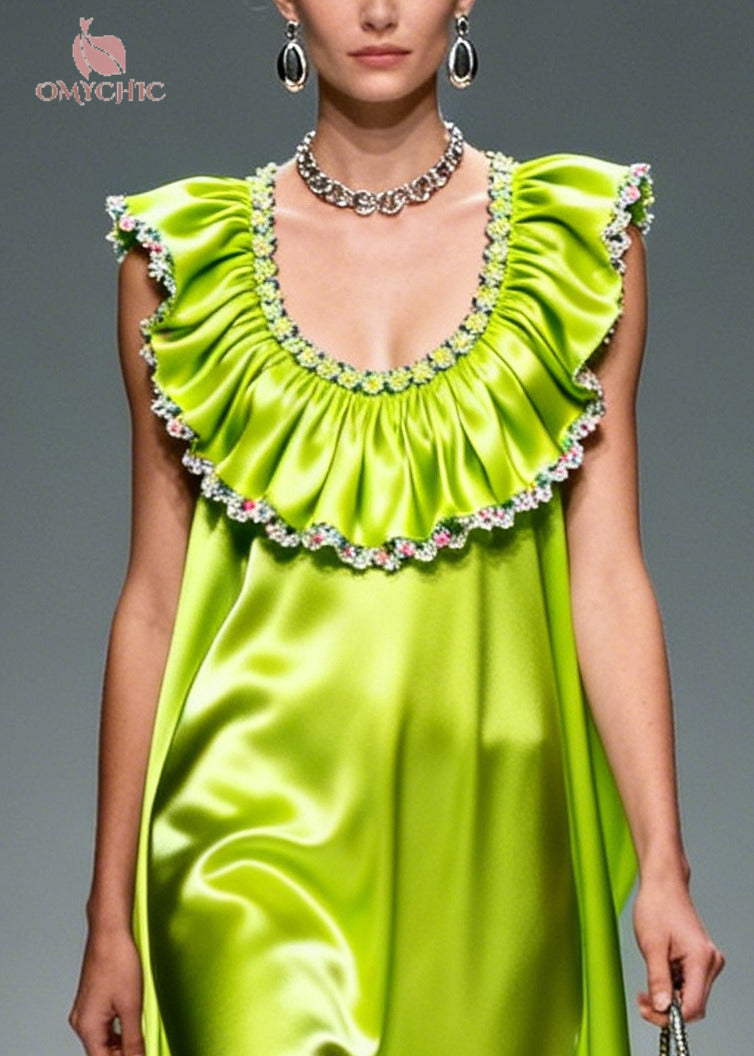 Bohemian Fluorescent Green Ruffled Exra Large Hem Silk Maxi Dresses Sleeveless