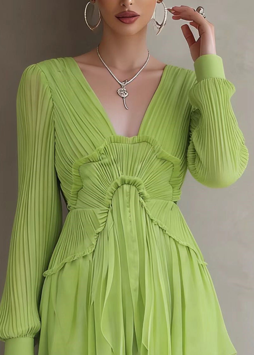 Bohemian Green Patchwork Wrinkled Solid Mid Dresses Lantern Sleeve