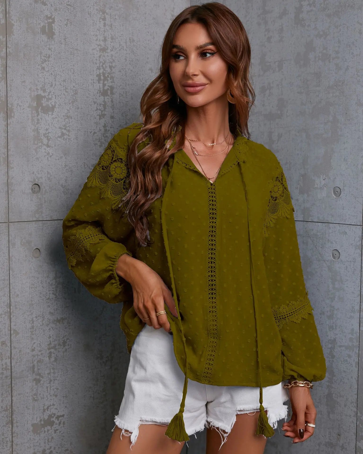 Bohemian Lace Hollow Out Tassel Oversize Boho Blouse Green / S bohoblouse-250126