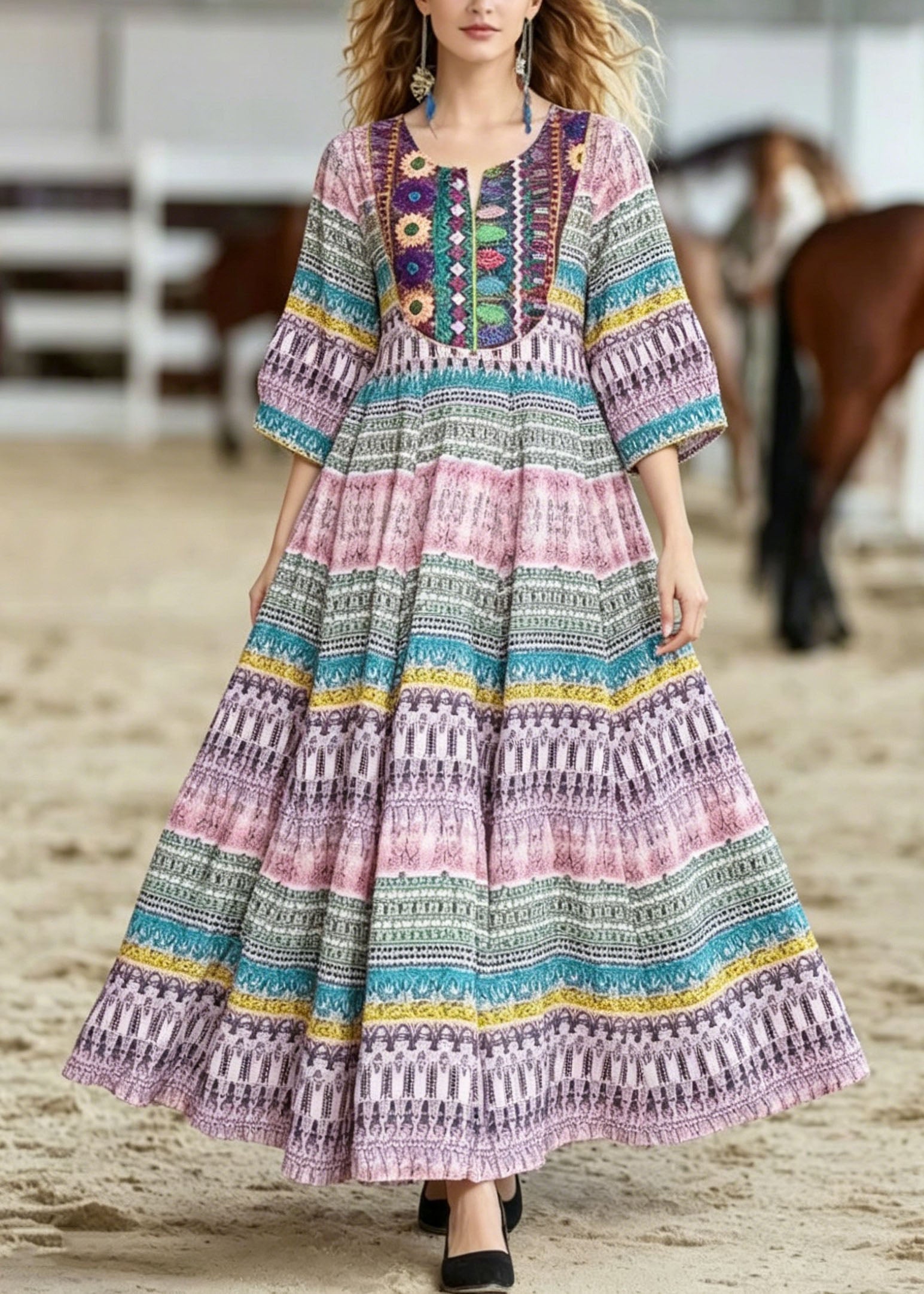 Bohemian O Neck Print Wrinkled Cotton Dresses Summer