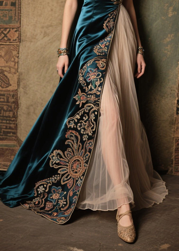 Bohemian Peacock Blue Jacquard Tulle Patchwork Silk Dress Summer