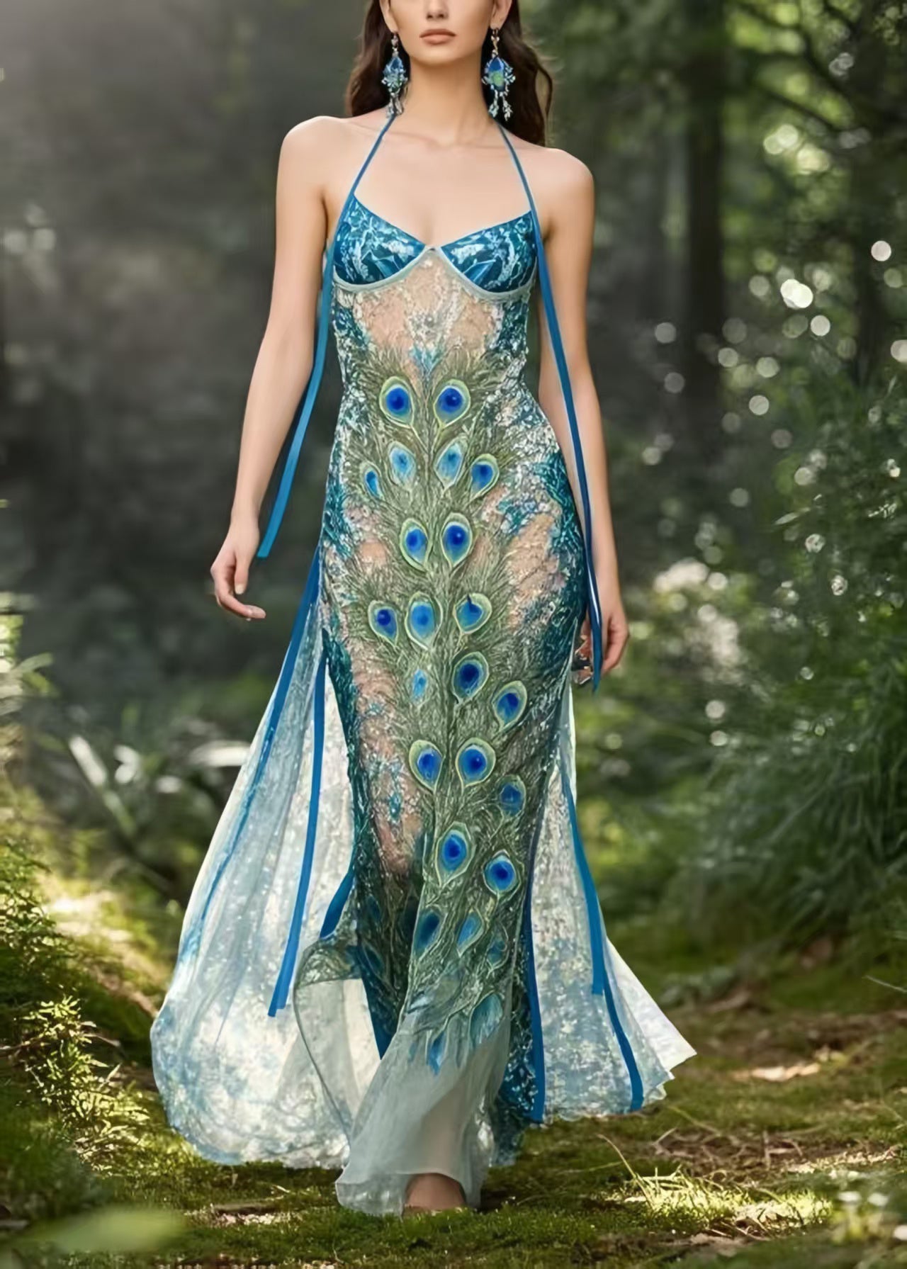 Bohemian Peacock Blue Print Hollow Out Chiffon Holiday Sundress