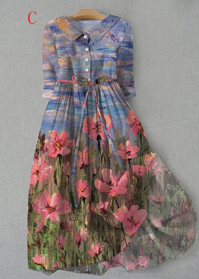 Bohemian Peter Pan Collar Print Lace Up Cotton Dress Summer